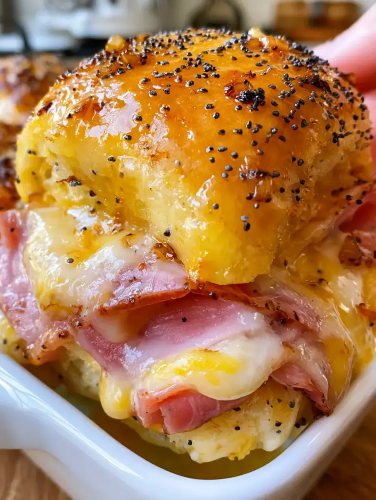 Foto de smartphone de sliders hawaianos con capas gruesas de jamón y queso suizo. (sliders hawaianos)