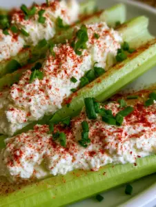 Fotografía macro de tallos de apio relleno con crema de queso blanca batida y pimentón rojo. (apio relleno)