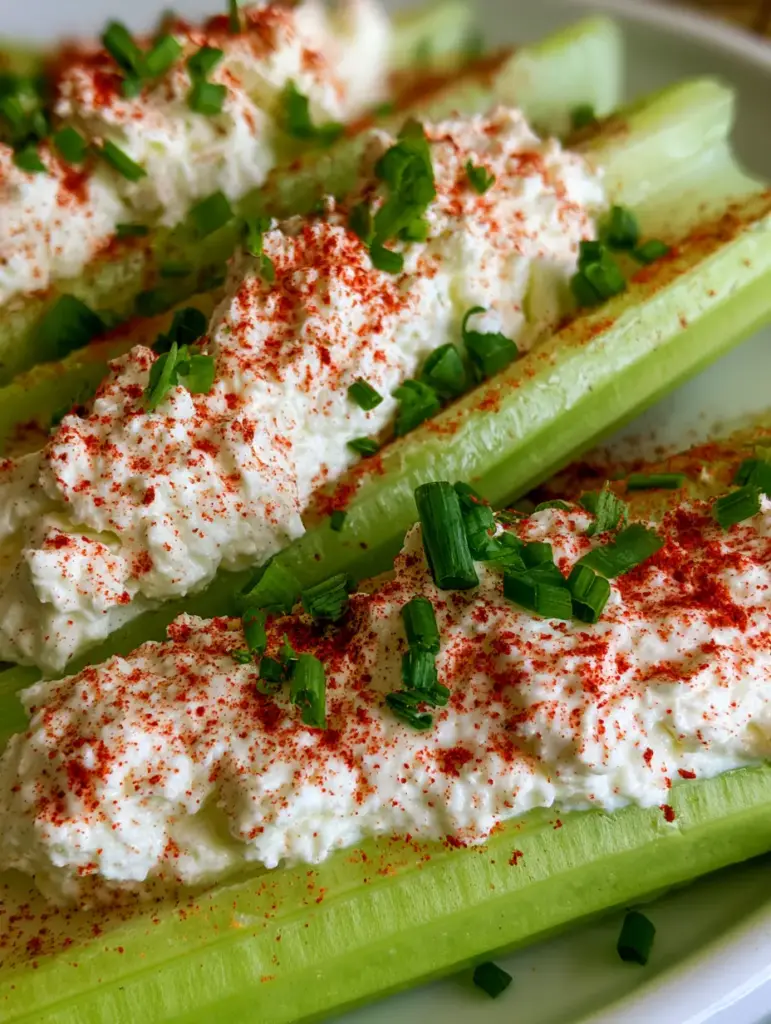 Apio relleno: El aperitivo crujiente y cremoso que elevará tus reuniones al siguiente nivel 2 Fotografía macro de tallos de apio relleno con crema de queso blanca batida y pimentón rojo. (apio relleno)