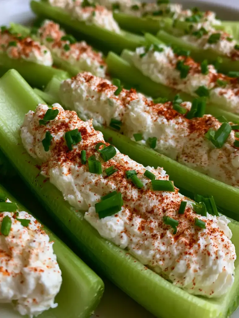 Apio relleno: El aperitivo crujiente y cremoso que elevará tus reuniones al siguiente nivel 1 Detalle de los toppings de cebollino y pimentón sobre el apio relleno.