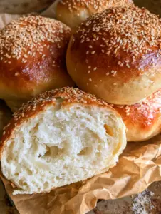 Primer plano de un pan para hamburguesa keto cortado mostrando una miga blanca aireada con muchos agujeros.
