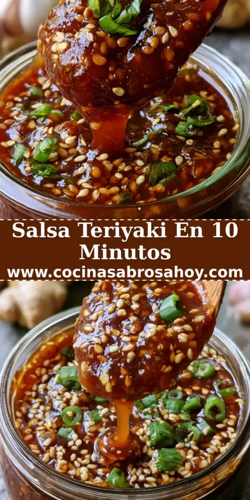 Primer plano de un frasco de vidrio con salsa teriyaki espesa y brillante decorada con sésamo y cebollino sobre piedra gris.