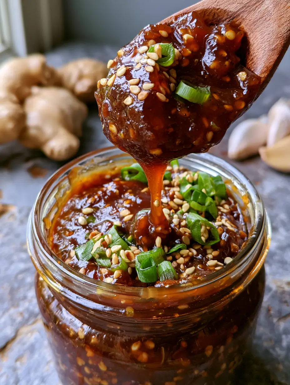 Cuchara de madera levantando una porción de salsa teriyaki oscura y viscosa mostrando el goteo lento. (salsa teriyaki)