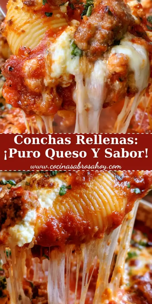 Primer plano de una concha de pasta rellena con queso y salchicha italiana mostrando un hilo de queso derretido. (conchas rellenas)
