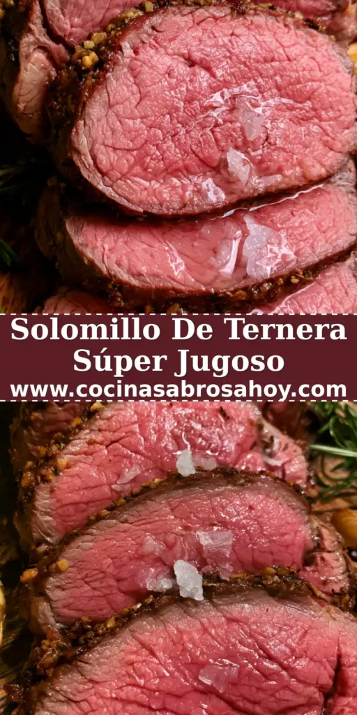 Solomillo de ternera con costra de ajo y romero: El secreto del asado perfecto 4 Rebanadas gruesas de solomillo de ternera término medio con costra crujiente de ajo y romero en una tabla de madera.