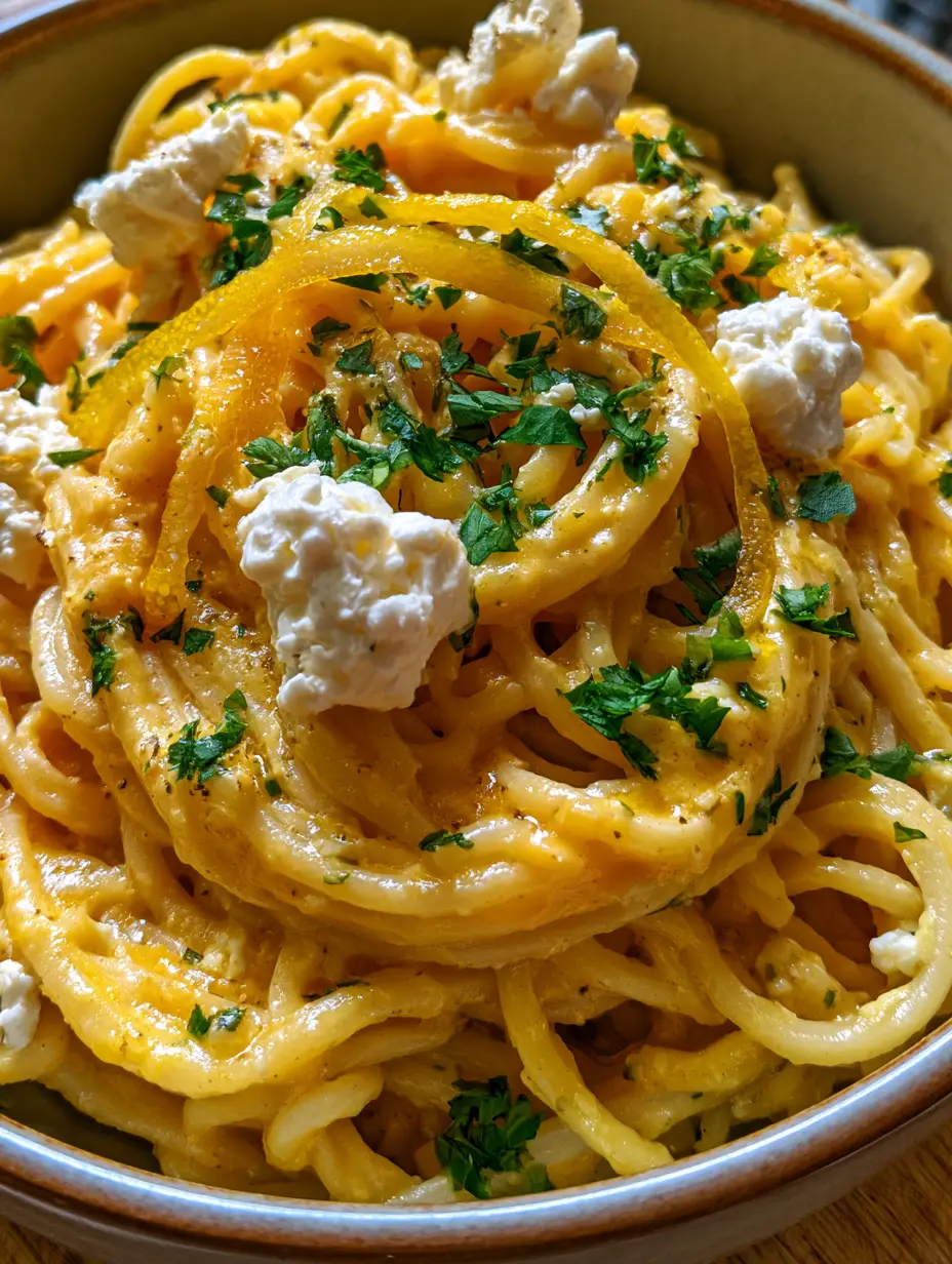 Foto macro de espaguetis de limón humeantes con copos de queso ricotta y ralladura de limón.