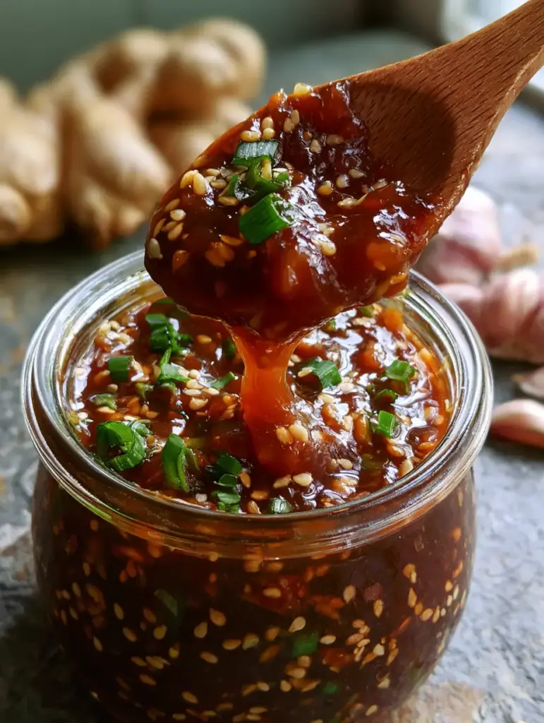 Ingredientes de salsa teriyaki con jengibre fresco y ajo en el fondo desenfocado sobre encimera de piedra.