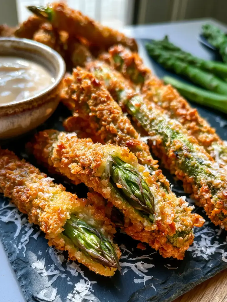 Detalle de los espárragos al parmesano con perejil fresco espolvoreado y cuenco de salsa marinara.