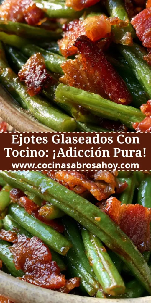 Primer plano de ejotes con tocino glaseados servidos en un cuenco de cerámica rústica.
