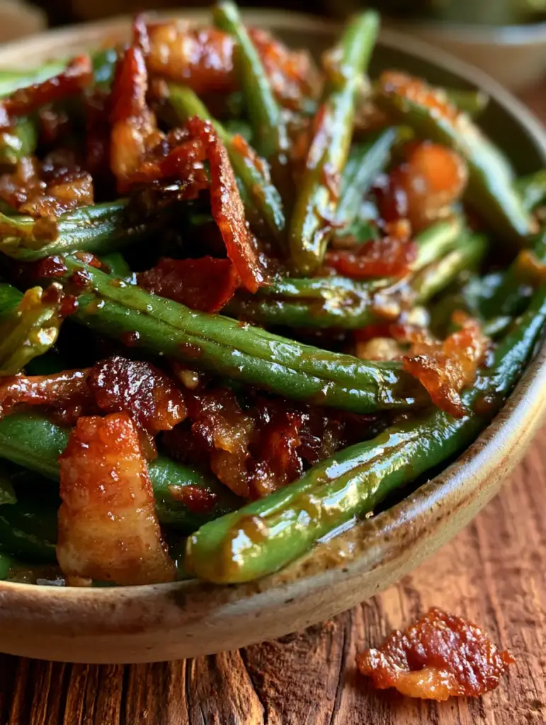 Ejotes perfectamente asados con trozos de tocino caramelizado y rizado.