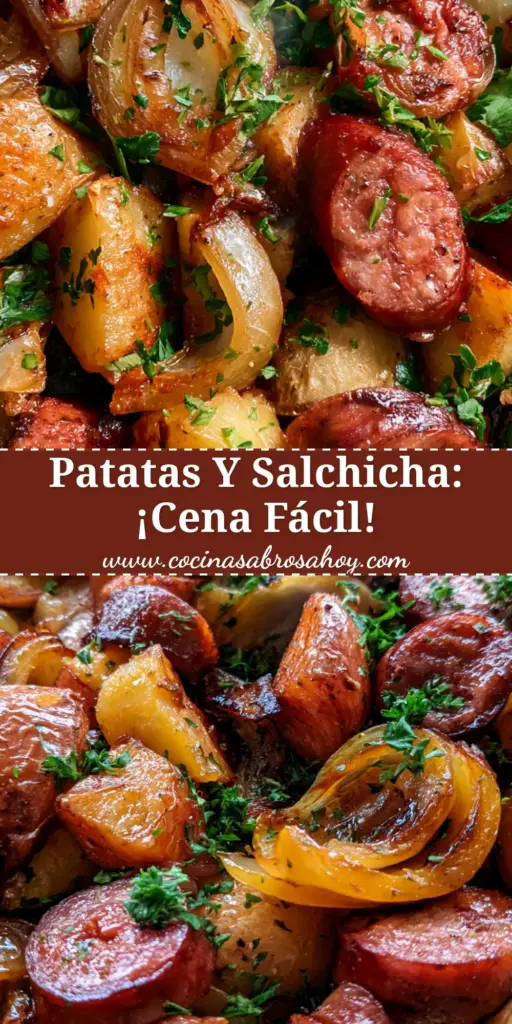 Vista cenital de un sartén rústico con patatas con salchicha ahumada, cebolla caramelizada y perejil fresco.