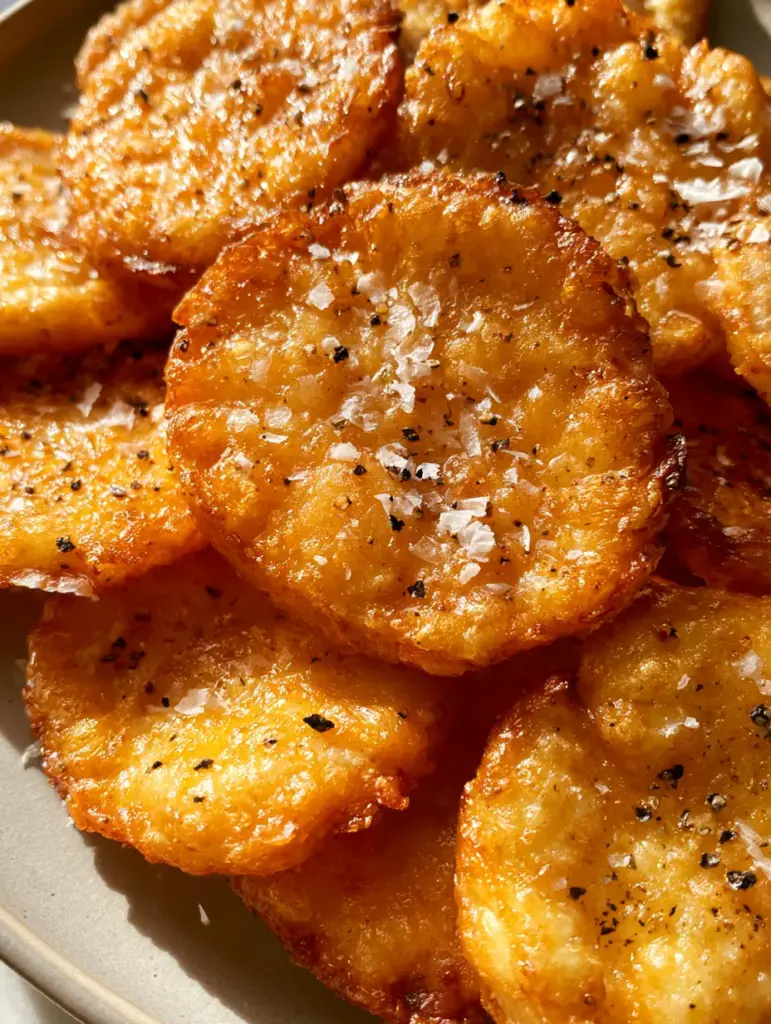 Detalle de la textura burbujeante y bordes tostados de las chips de requesón.