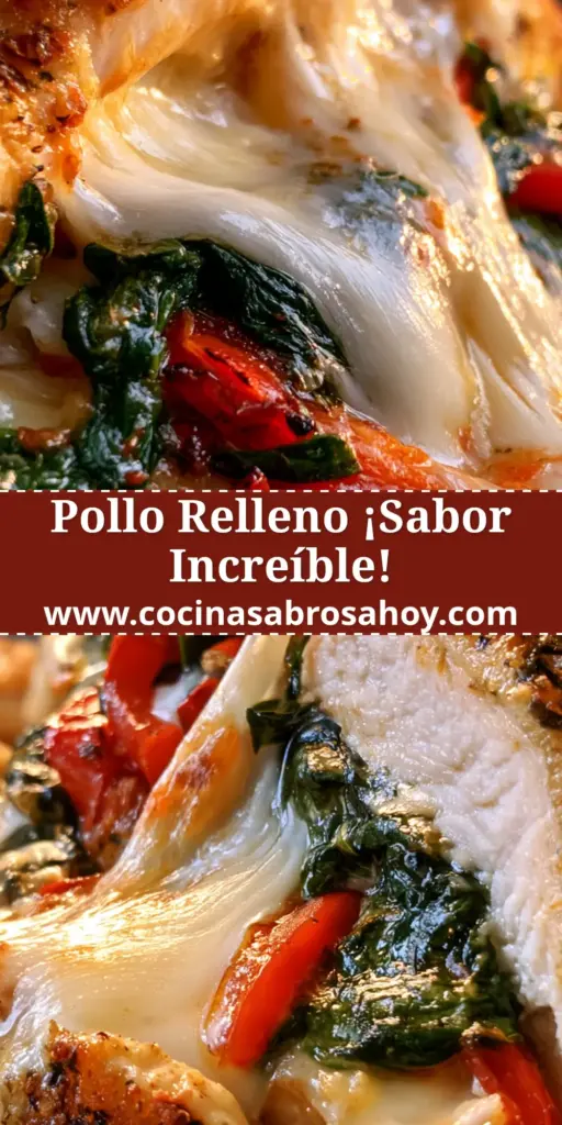 Pechuga de pollo relleno cortada a la mitad mostrando capas de pimiento rojo, espinacas verdes y queso mozzarella derretido sobre una tabla de madera.