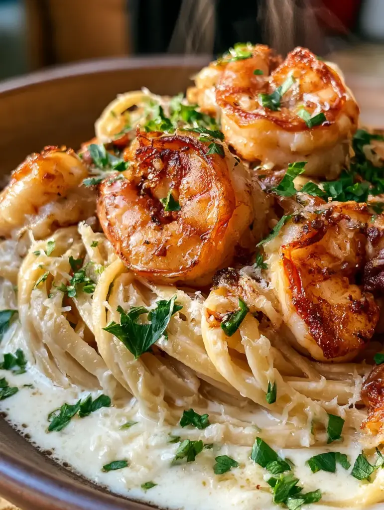 Pasta con camarones: La receta cremosa al ajillo que parece de restaurante 2 Primer plano de linguine al dente bañado en salsa de ajo con camarones jumbo sellados. (pasta con camarones)
