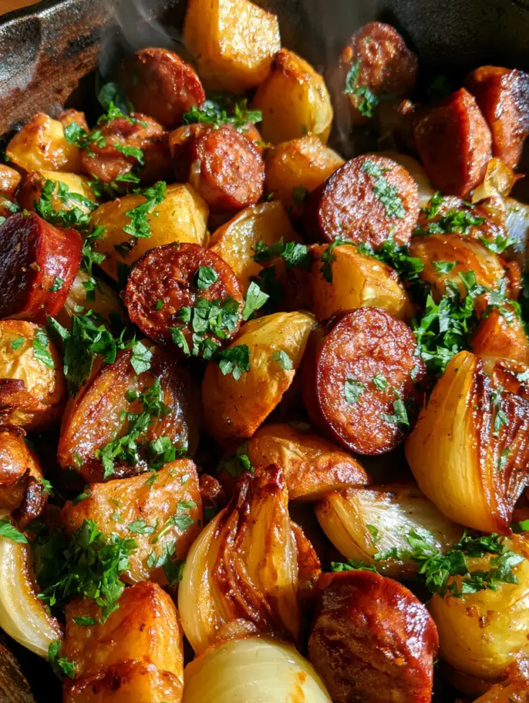 Sartén de hierro con patatas con salchicha sobre una tabla de madera rústica.