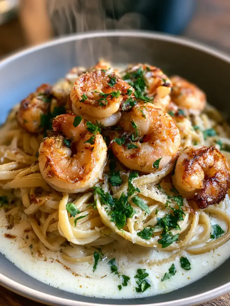 Pasta con camarones: La receta cremosa al ajillo que parece de restaurante 1 Linguine con camarones en tazón rústico bajo luz natural mostrando el vapor y el perejil.