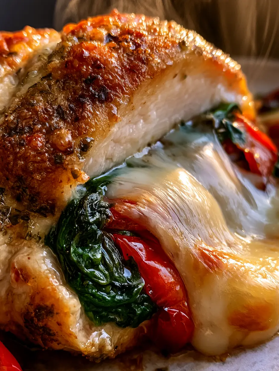 Primer plano extremo de pollo relleno dorado con costra de hierbas y vapor saliendo del interior fundido.