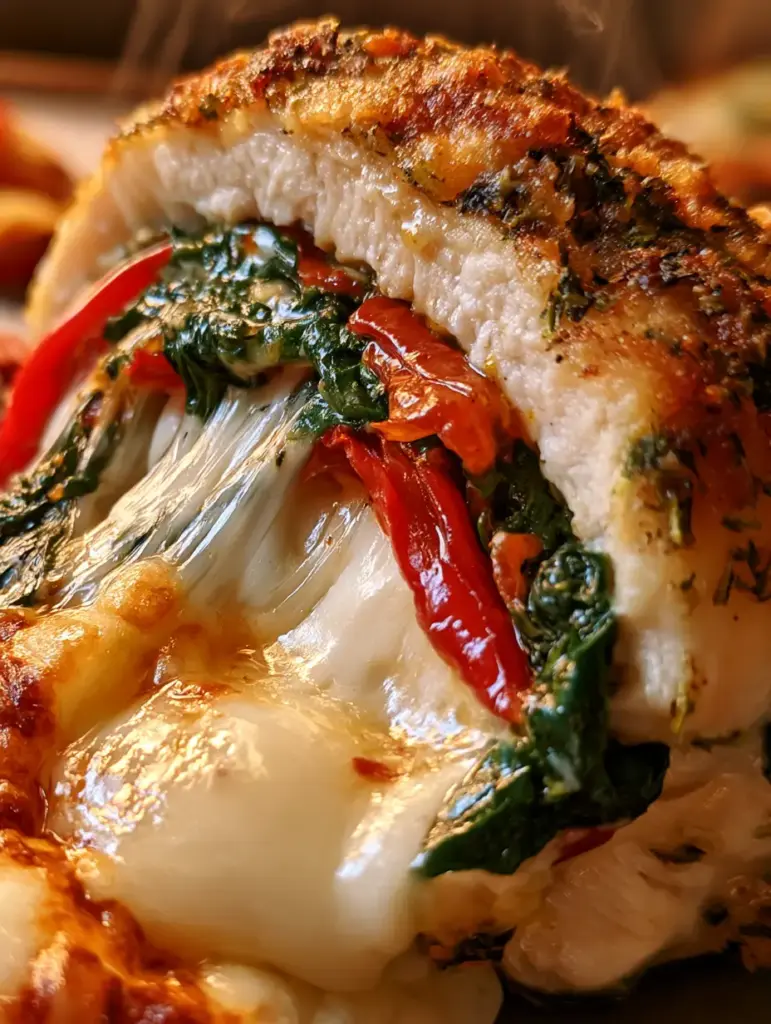 Detalle del queso mozzarella estirándose desde el interior de una pechuga de pollo relleno recién horneada.