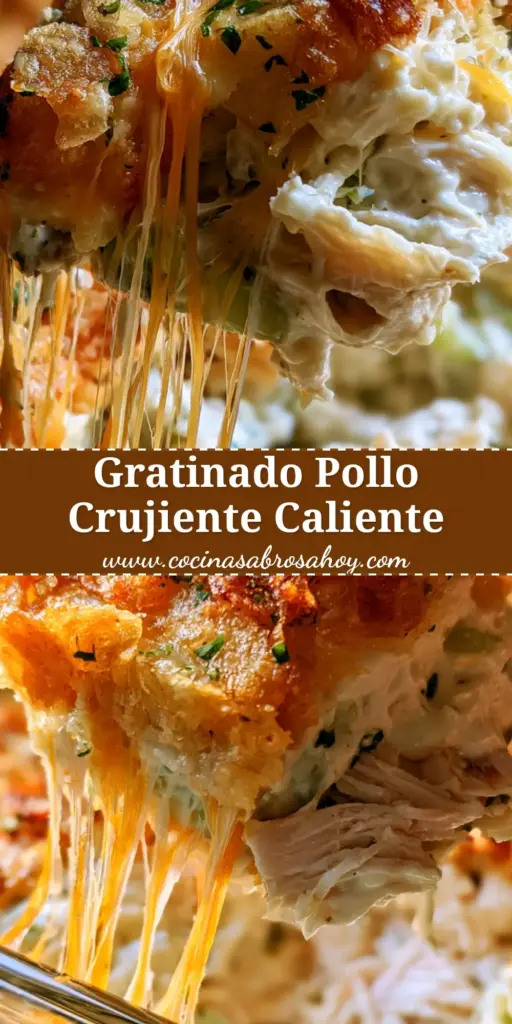 Gratinado de pollo con costra de patatas fritas y queso cheddar extra fundente 4 Primer plano de una cuchara levantando una porción de gratinado de pollo con un estiramiento de queso cheddar increíble y patatas doradas crujientes.