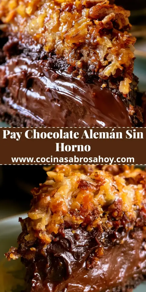 Una rebanada perfecta de pay de chocolate alemán sin horno en un plato cerámico, mostrando capas arquitectónicas de galleta, ganache brillante y coco con nueces.