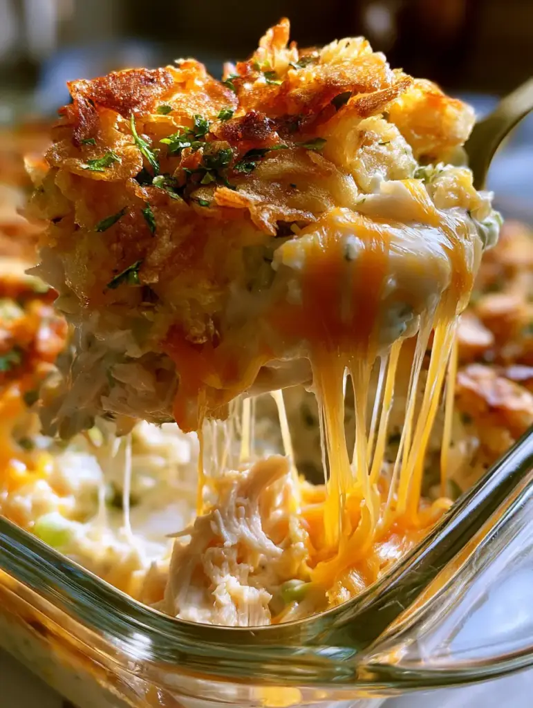 Gratinado de pollo con costra de patatas fritas y queso cheddar extra fundente 2 Vista dinámica de un gratinado de pollo en fuente de vidrio mostrando capas de apio, pollo cremoso y queso burbujeante.