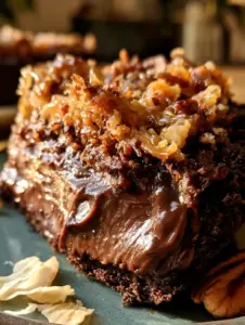Primer plano de la textura de la ganache oscura y el topping de coco tostado del pay de chocolate alemán.
