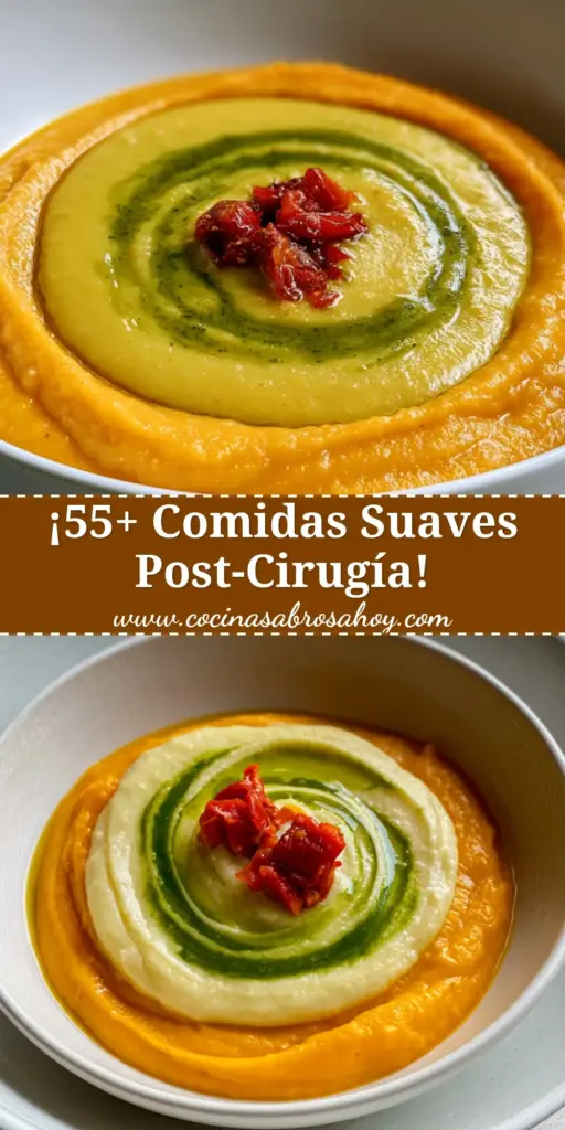 Comida suave post-cirugía: Crema de calabaza rostizada con coco y salvia 3 Tazón de crema de calabaza vibrante con remolino de coco, ideal como comida suave post-cirugía.