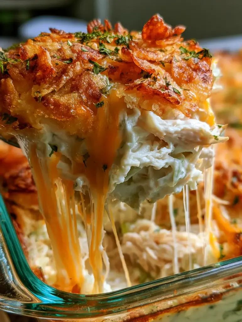 Gratinado de pollo con costra de patatas fritas y queso cheddar extra fundente 1 Detalle de las patatas fritas doradas y el perejil fresco sobre el gratinado de pollo recién salido del horno.