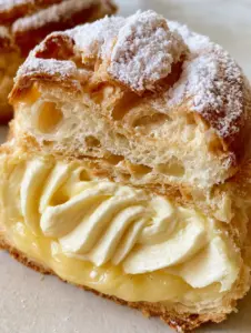 Primer plano de un profiterol cortado a la mitad revelando la masa aireada y la crema espesa. (profiteroles)