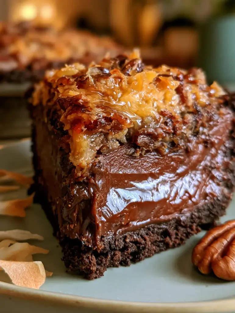 Rebanada de pay de chocolate alemán mostrando la base de galleta oscura y la densidad del relleno.