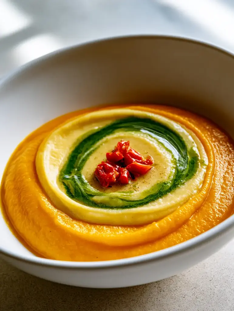 Comida suave post-cirugía: Crema de calabaza rostizada con coco y salvia 2 Primer plano de crema de calabaza amarilla con textura aterciopelada y salvia fresca (comida suave post-cirugía).