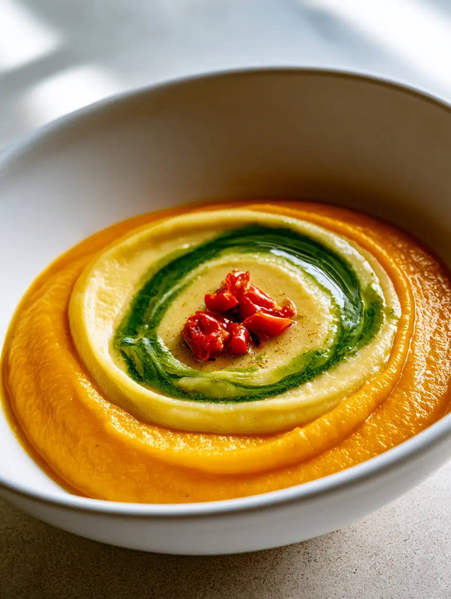 Comida suave post-cirugía: Crema de calabaza rostizada con coco y salvia 4 Primer plano de crema de calabaza amarilla con textura aterciopelada y salvia fresca (comida suave post-cirugía).