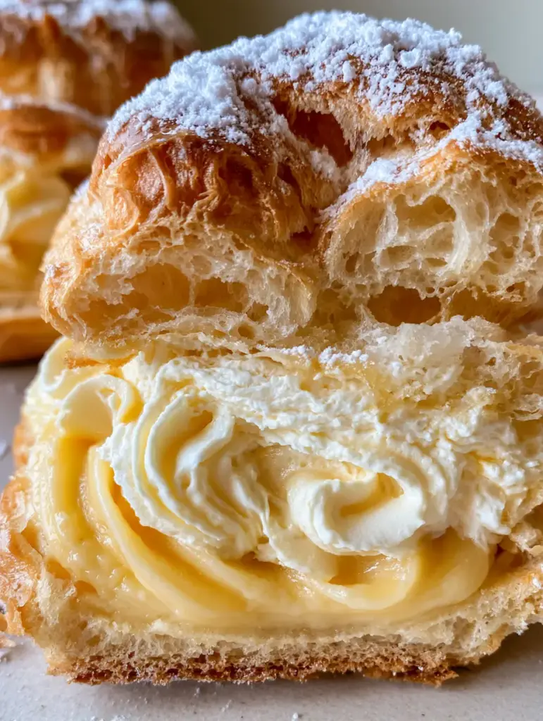 Detalle de los remolinos de crema de vainilla dentro de unos profiteroles crujientes.
