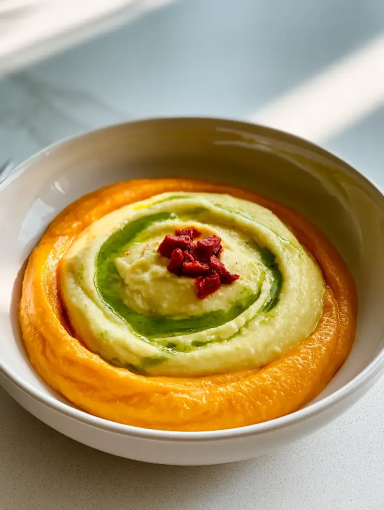 Comida suave post-cirugía: Crema de calabaza rostizada con coco y salvia 1 Sopa cremosa de calabaza en tazón de cerámica sobre mesa de madera rústica.