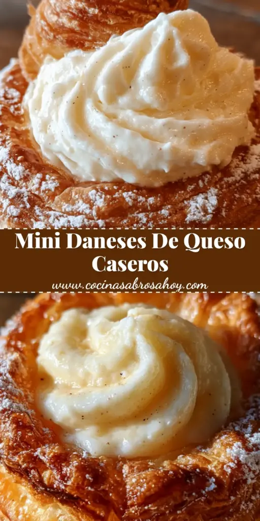 Primer plano de mini daneses de queso dorados y crujientes sobre una tabla de madera rústica con un centro de crema brillante.