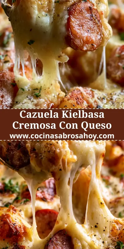 Primer plano extremo de un gratín de patatas con salchicha kielbasa caramelizada y queso fundido elástico siendo levantado por un tenedor.
