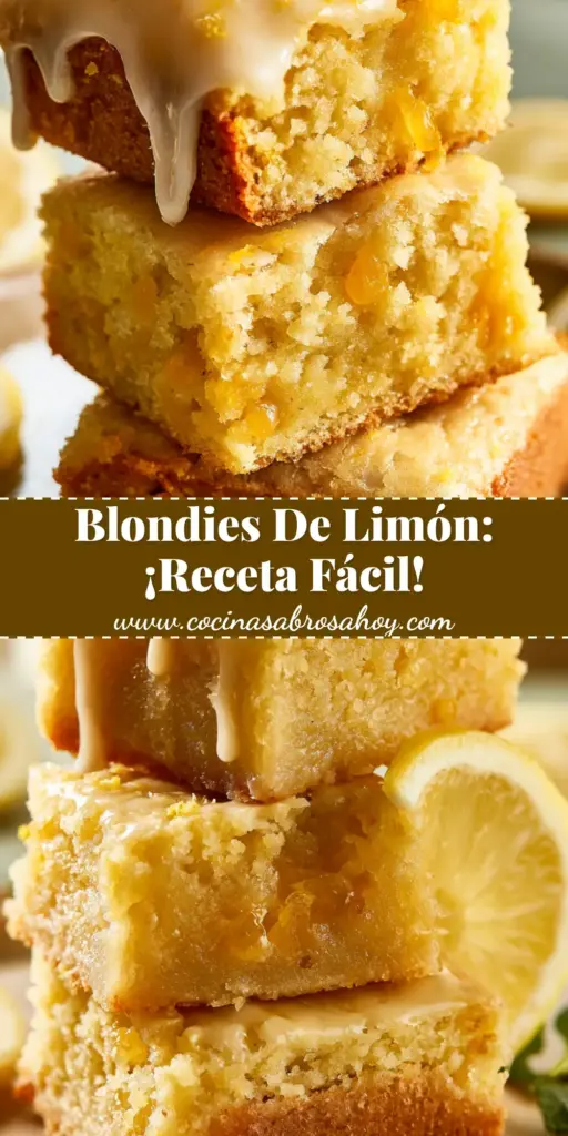 Stack de tres blondies de limón cuadrados con glaseado blanco goteando, decorados con ralladura y piel confitada sobre un plato blanco rústico.