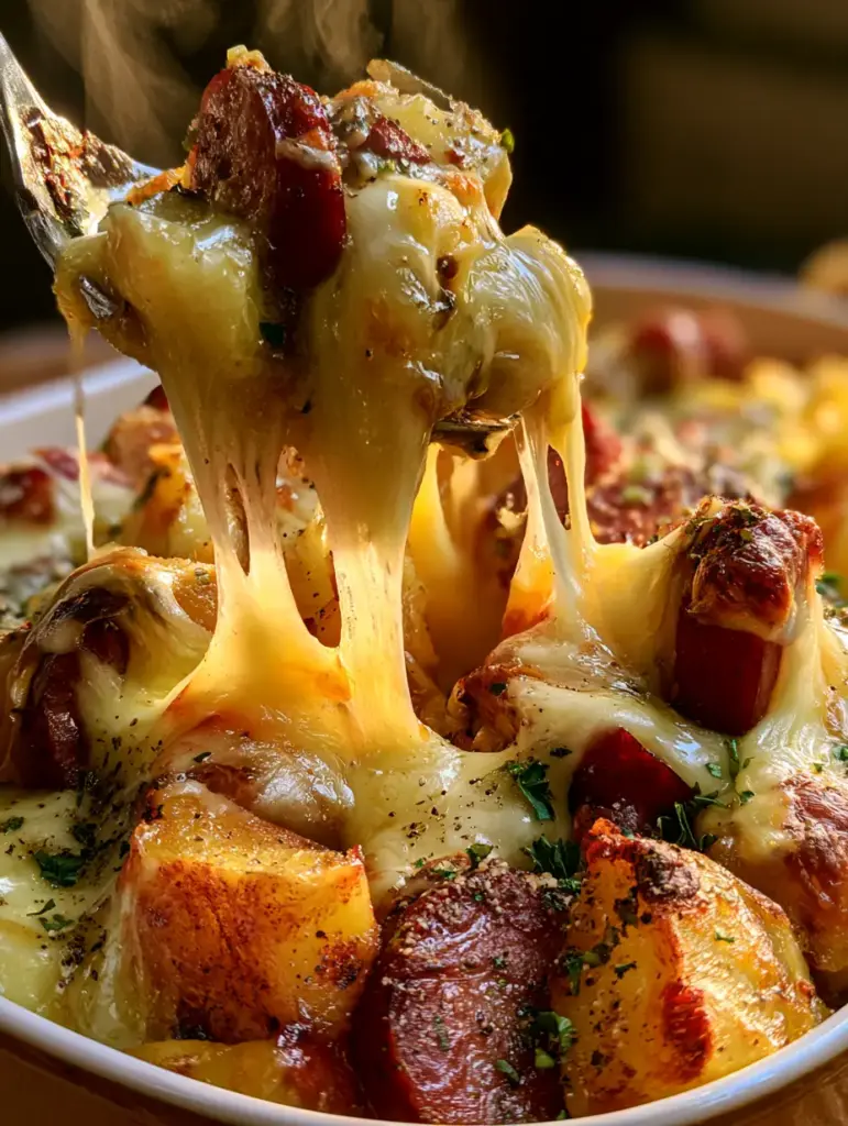 Fotografía estilo smartphone de un trozo de gratín de patatas con queso derretido y salchicha kielbasa.