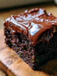 Primer plano de un brownie de calabacín con un trozo levantado por un tenedor revelando el interior fudgy con chispas verdes.