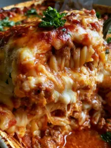 Foto cenital de una cazuela de pasta rotini con capas visibles de carne, salsa roja y queso derretido con perejil fresco.
