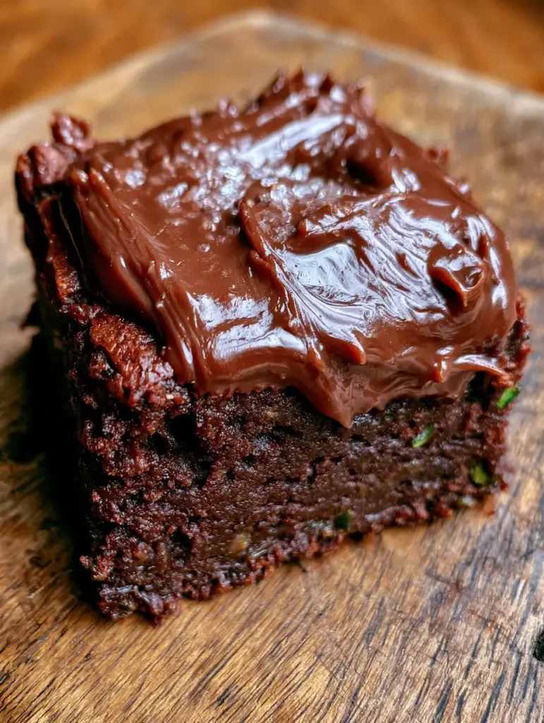 Brownies de calabacín: La receta definitiva para un postre ultra húmedo y decadente 1 Vista aérea de un cuadrado de brownie de calabacín cubierto con ganache ondulada y polvo de cacao en un borde.