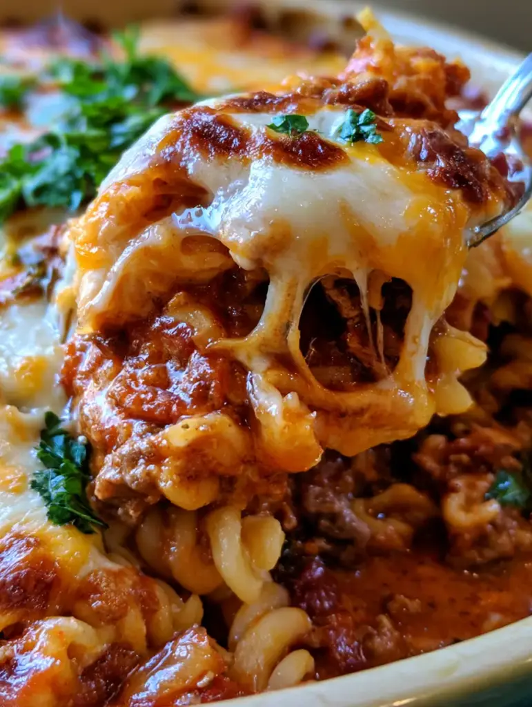 Una cuchara levantando una porción de cazuela de pasta mostrando un estiramiento de queso mozzarella y vapor sutil.