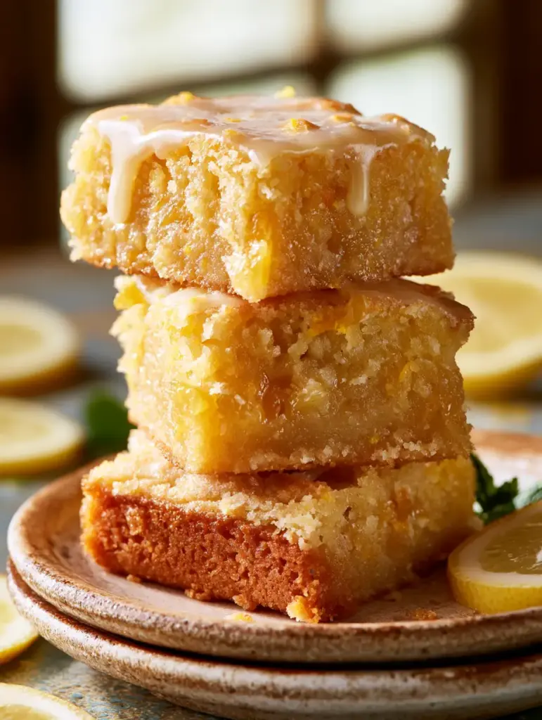 Blondies de limón recién horneados sobre una superficie de madera clara, con limones enteros y hojas de limonero al fondo.