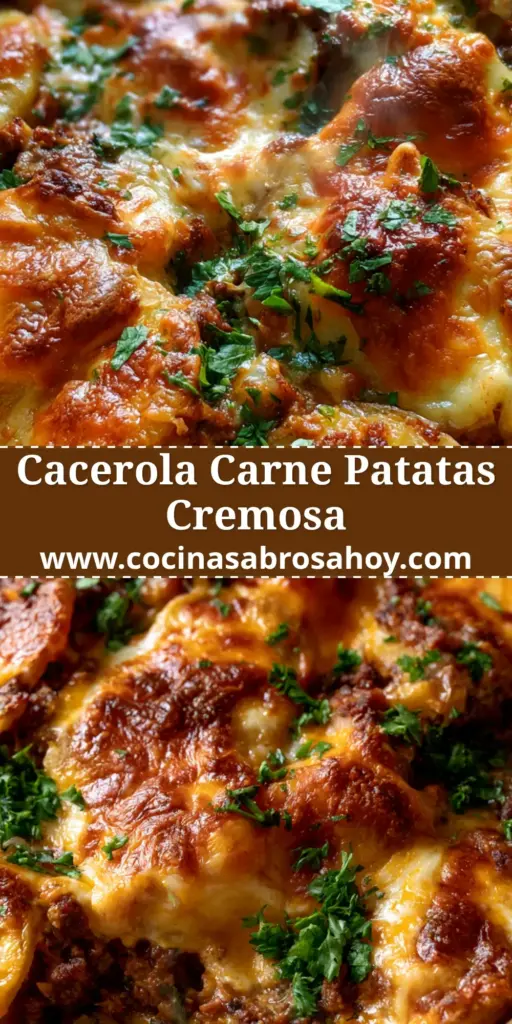 Cacerola carne y patatas recién salida del horno con queso burbujeante y perejil fresco en una mesa rústica.