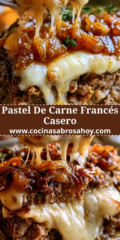 Primer plano de un pastel de carne francés con cebollas caramelizadas brillantes y tomillo fresco en una salsa oscura.