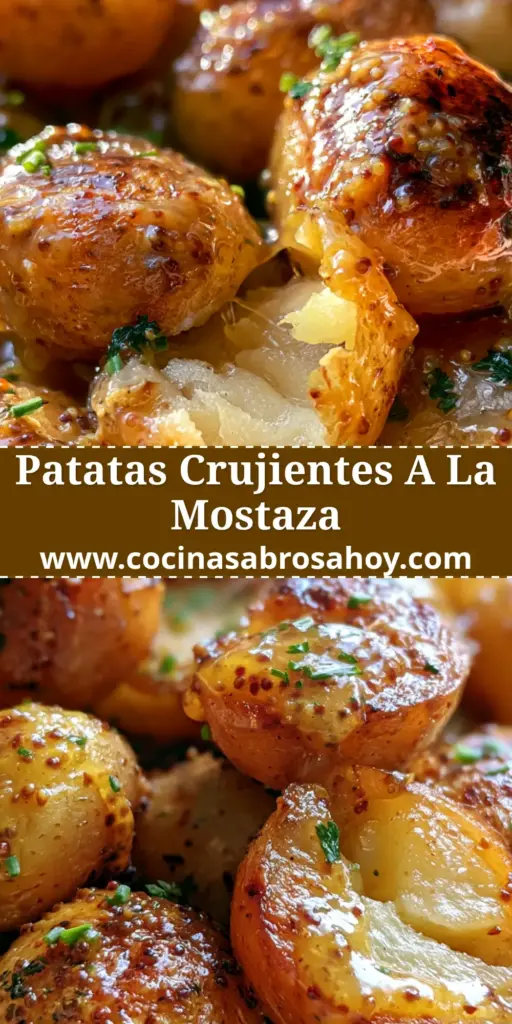 Primer plano de bocaditos de patata asados con glaseado de mostaza antigua y cebollino fresco en un bol rústico.