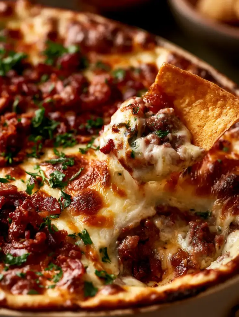 Vista superior de un dip salchicha y queso con tocino crujiente y burbujas de horneado.