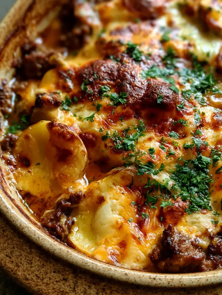 Cacerola carne y patatas humeante servida en una fuente de cerámica blanca elegante.