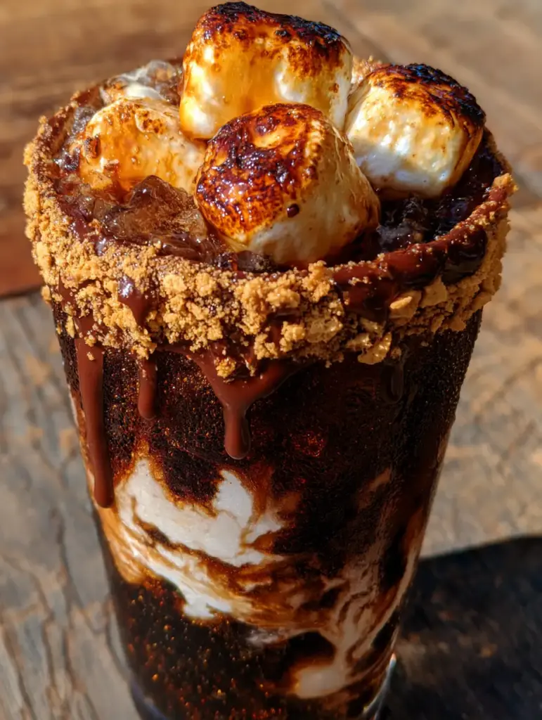 Detalle de los remolinos de crema de coco y jarabe de chocolate dentro de una soda sucia. (soda sucia)