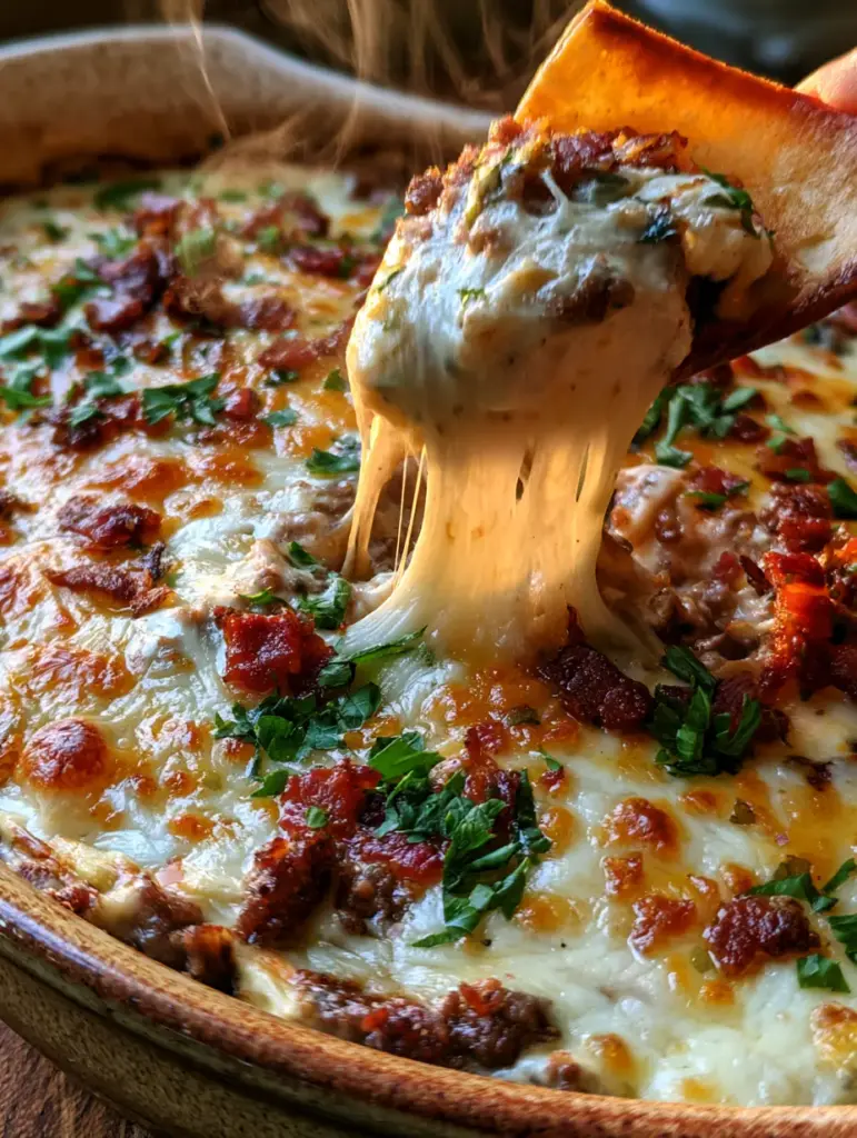 Foto de smartphone de un dip del antojo con queso cheddar fundido y trozos de salchicha asomando bajo la superficie.